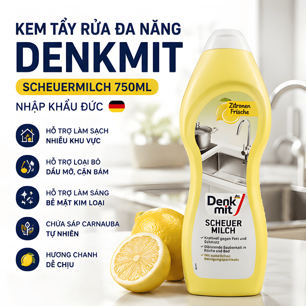 Kem Tẩy Xoong Nồi Inox Và Đồ Sứ Denkmit Scheuermilch 750ml