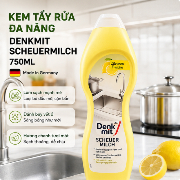 Kem Tẩy Xoong Nồi Inox Và Đồ Sứ Denkmit Scheuermilch 750ml - Hình ảnh 3