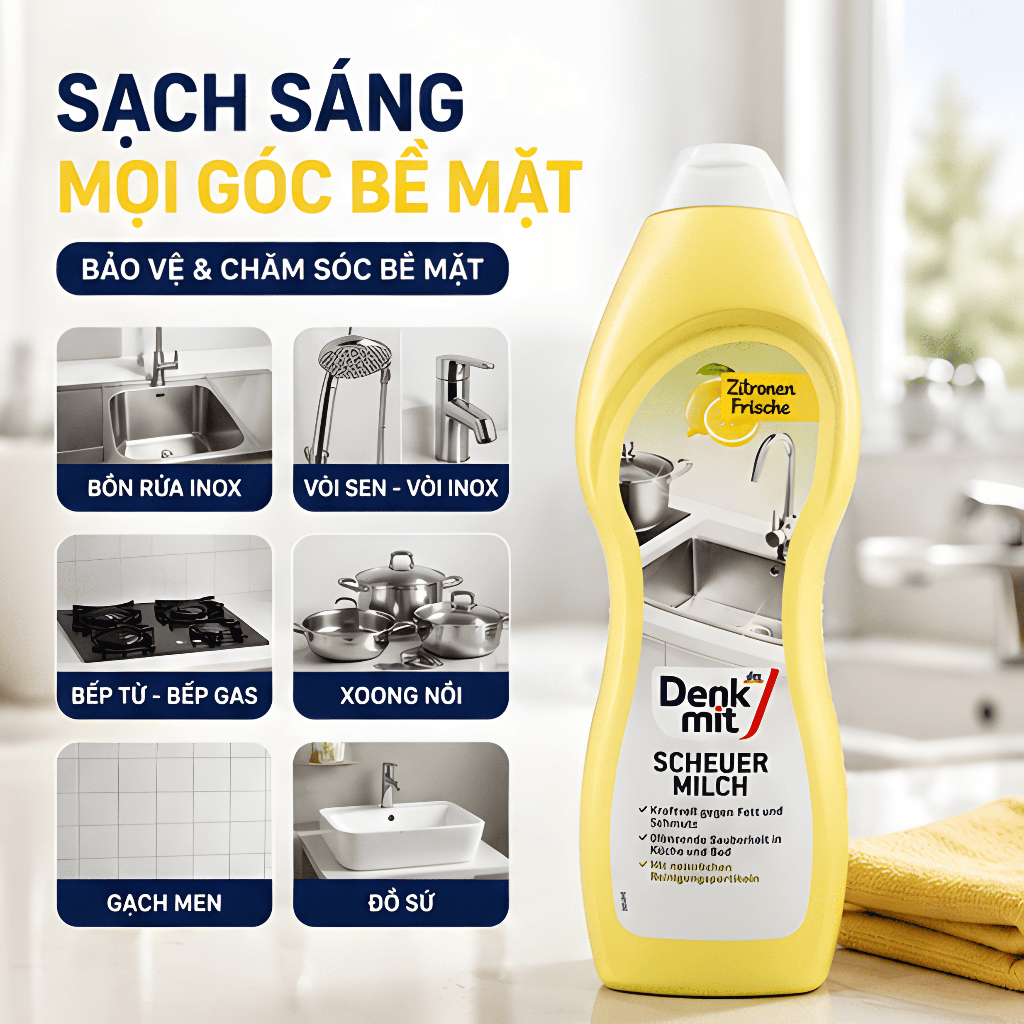 Kem Tẩy Xoong Nồi Inox Và Đồ Sứ Denkmit Scheuermilch 750ml - Hình ảnh 4