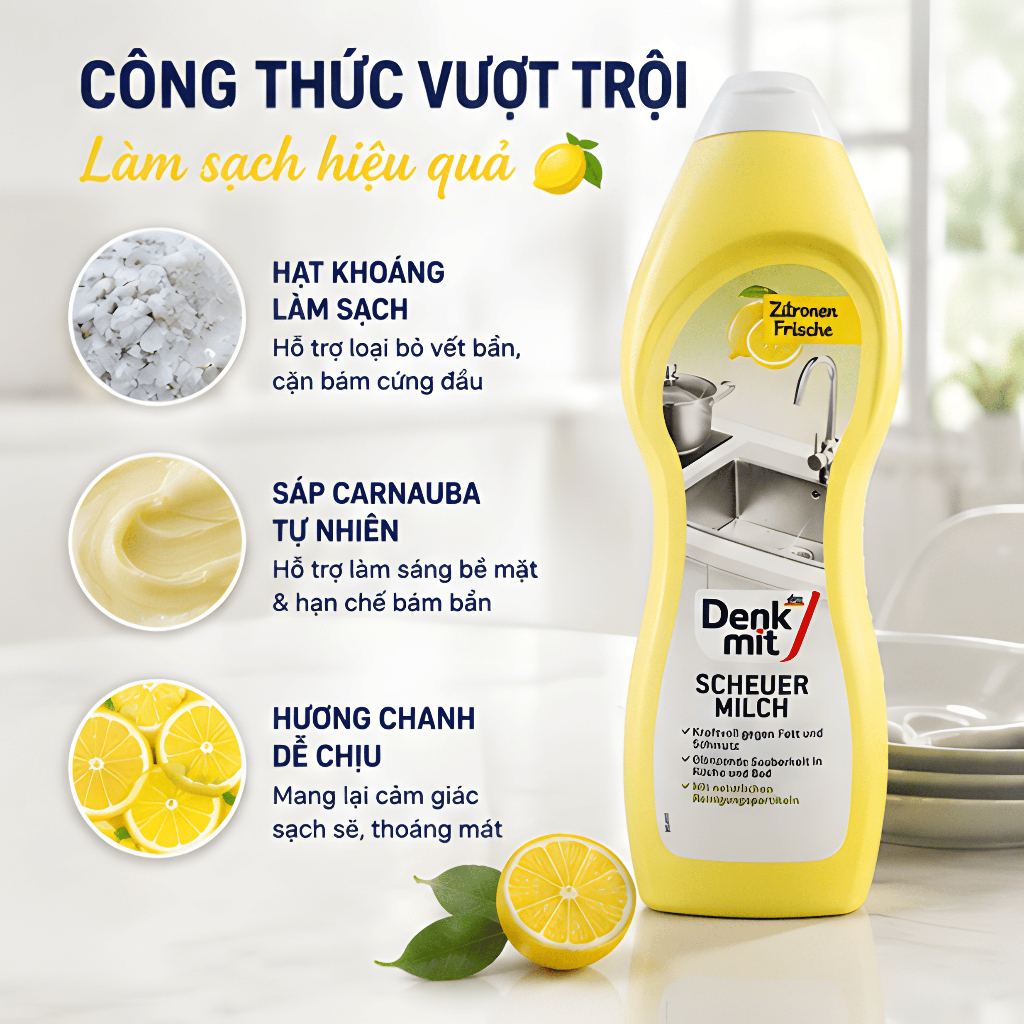 Kem Tẩy Xoong Nồi Inox Và Đồ Sứ Denkmit Scheuermilch 750ml - Hình ảnh 5