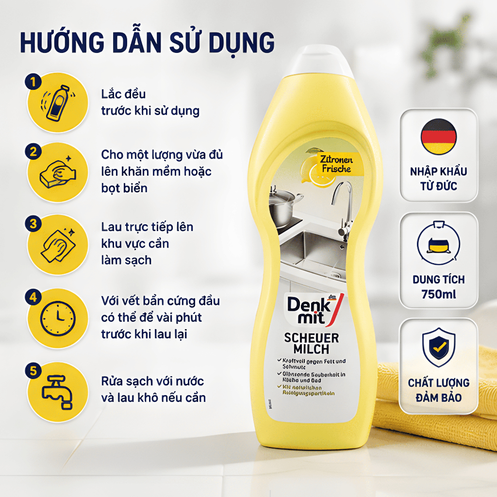 Kem Tẩy Xoong Nồi Inox Và Đồ Sứ Denkmit Scheuermilch 750ml - Hình ảnh 6