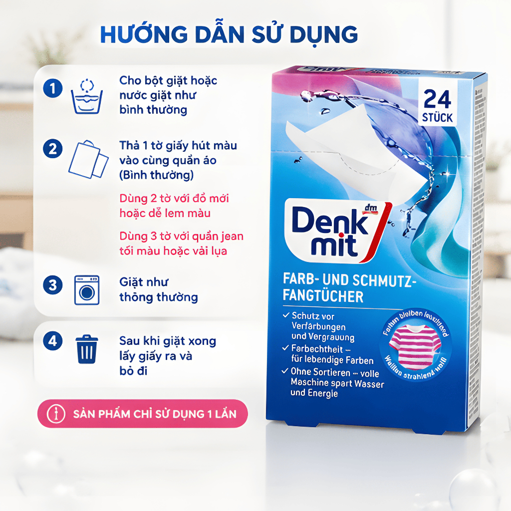 Giấy Giặt Denkmit Chống Lem Màu Quần Áo 24 Miếng - Hình ảnh 5