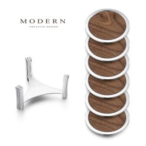 Set 6 Lót Ly Cốc Gỗ Óc Chó Kim Loại Modern