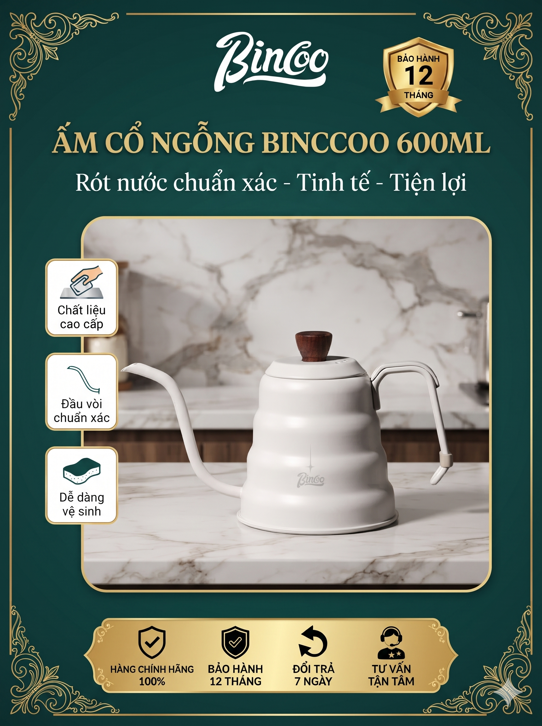 Ấm Cổ Ngỗng Bincoo 600 ml | Ấm Cổ Ngỗng Pha Cà Phê Bếp Từ
